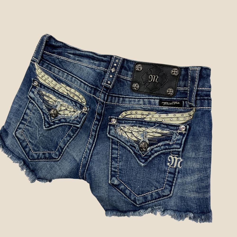 Miss Me Denim Shorts Angel Wing Rhinestones Y2K Distressed Cutoff JP5330H3 Sz 26